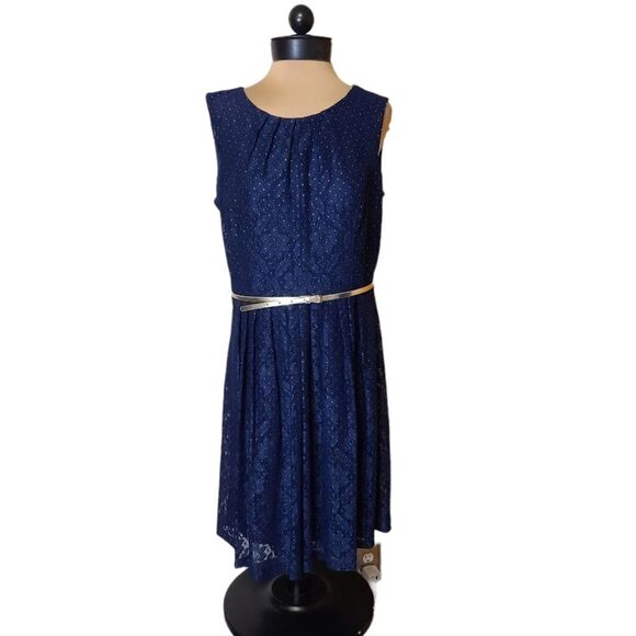 Ellen Tracy Navy Blue and Gold Polka Dot Lace Dress Size 12 - Picture 1 of 7